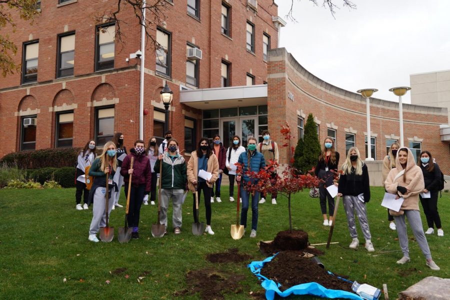 The Environmental Club pictured with the newly-planted Hill’s Oak Tree outside of St. Daniel’s Hall. 
