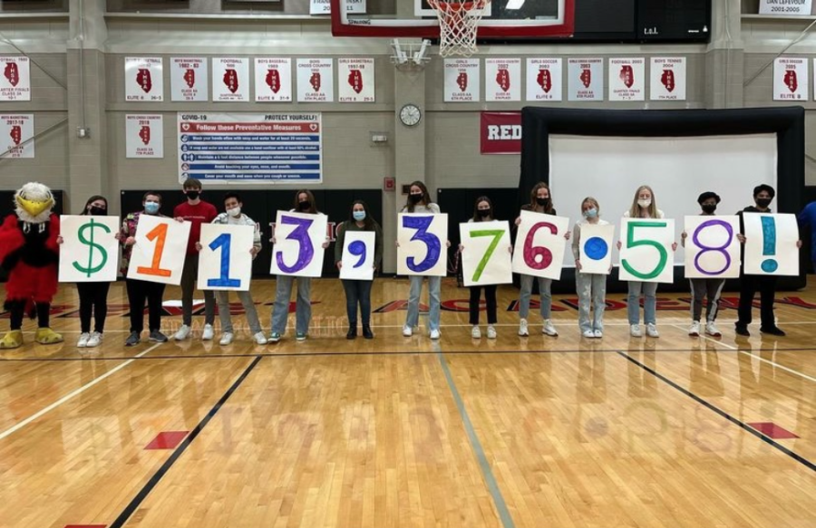 A+group+of+students+reveal+how+much+money+was+raised+for+the+2021+Christmas+Drive.
