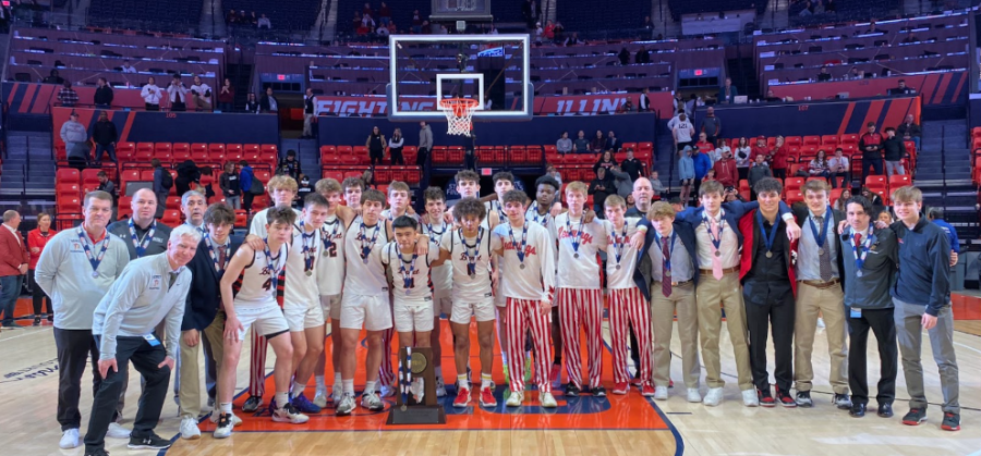 The Benet Academy Boys Basketball team poses for a group picture after getting 2nd place in the state finals.