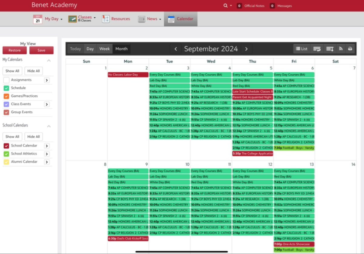 A typical Calendar View on MyBenet.